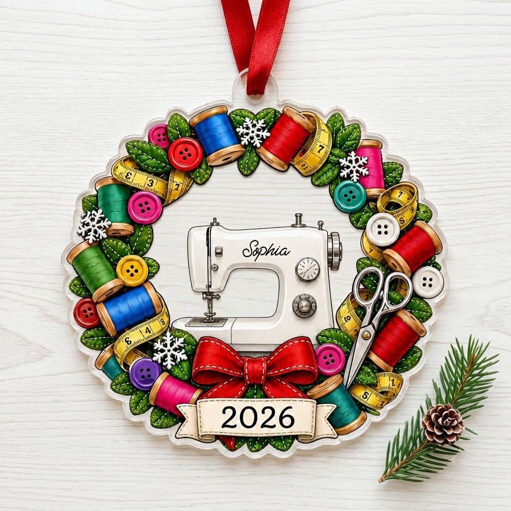 Personalized Sewing Machine Wreath Acrylic Ornament, Custom Quilter Seamstress Keepsake