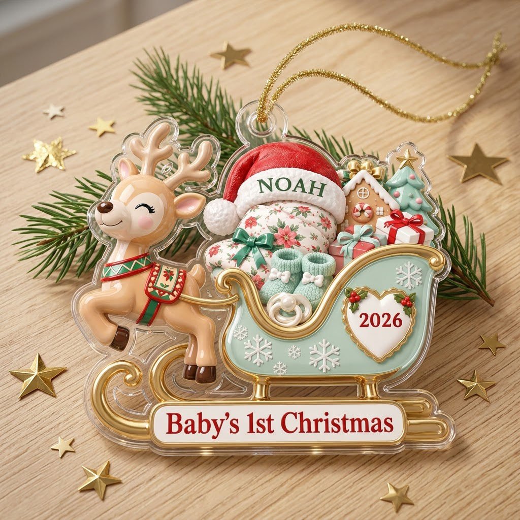 Acrylic ornament of a reindeer pulling a mint-green sleigh with a baby, gifts, and 'Baby's 1st Christmas' text.