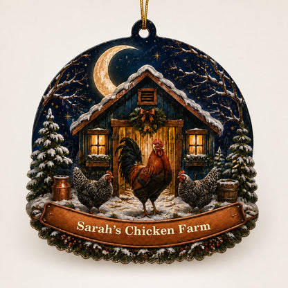 Personalized Moonlit Chicken Coop Wood Ornament, Custom Farmhouse Keepsake