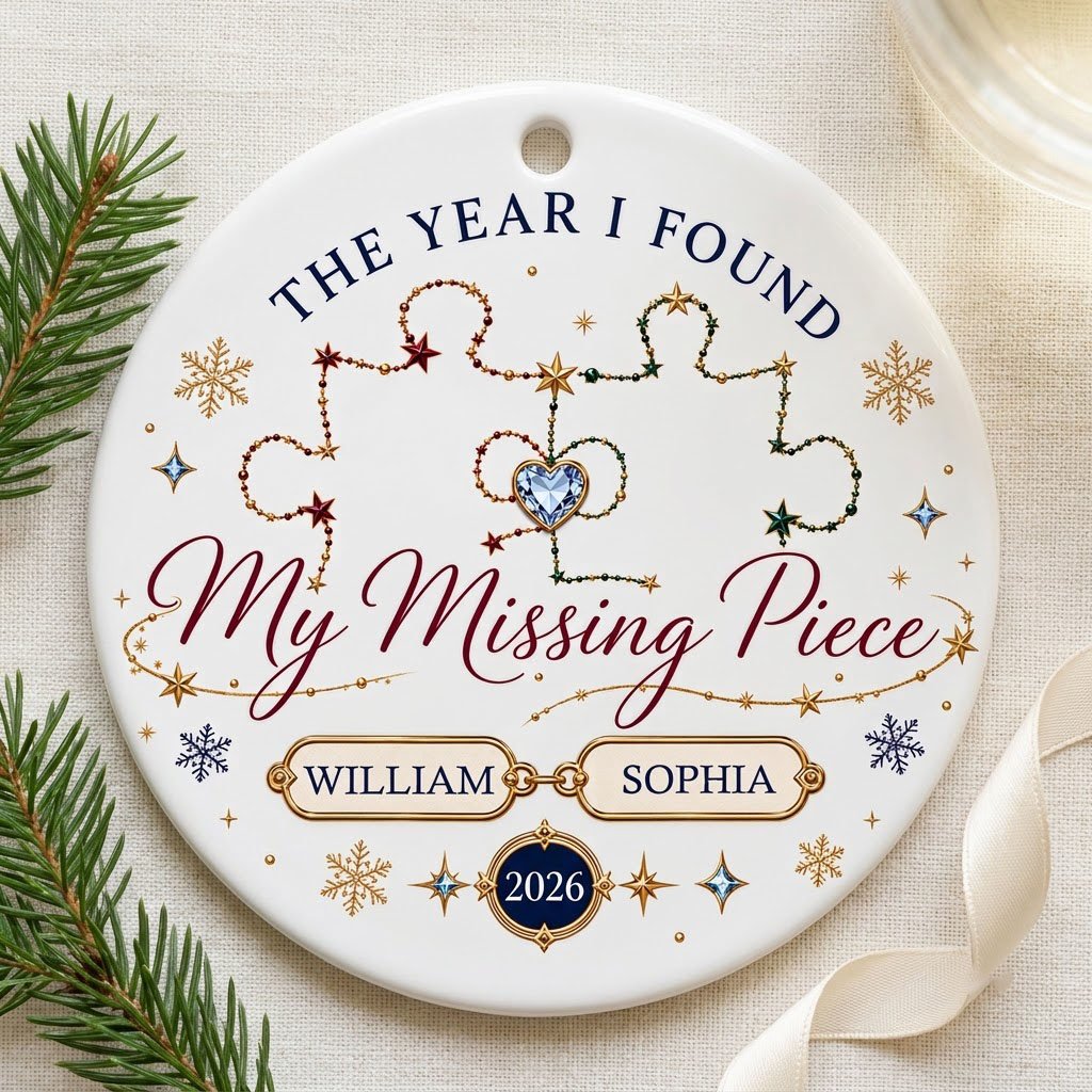 Round white ceramic ornament with interlocking red and green jeweled puzzle pieces, blue heart gem, names and year