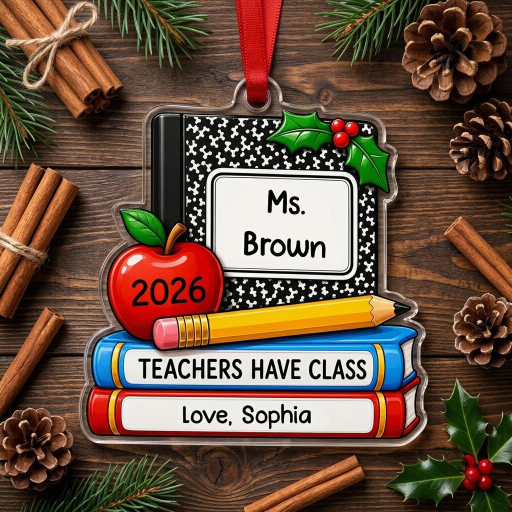 Personalized Teacher Composition Book Stack Acrylic Ornament, Custom School Appreciation Keepsake