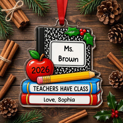 Personalized Teacher Composition Book Stack Acrylic Ornament, Custom School Appreciation Keepsake