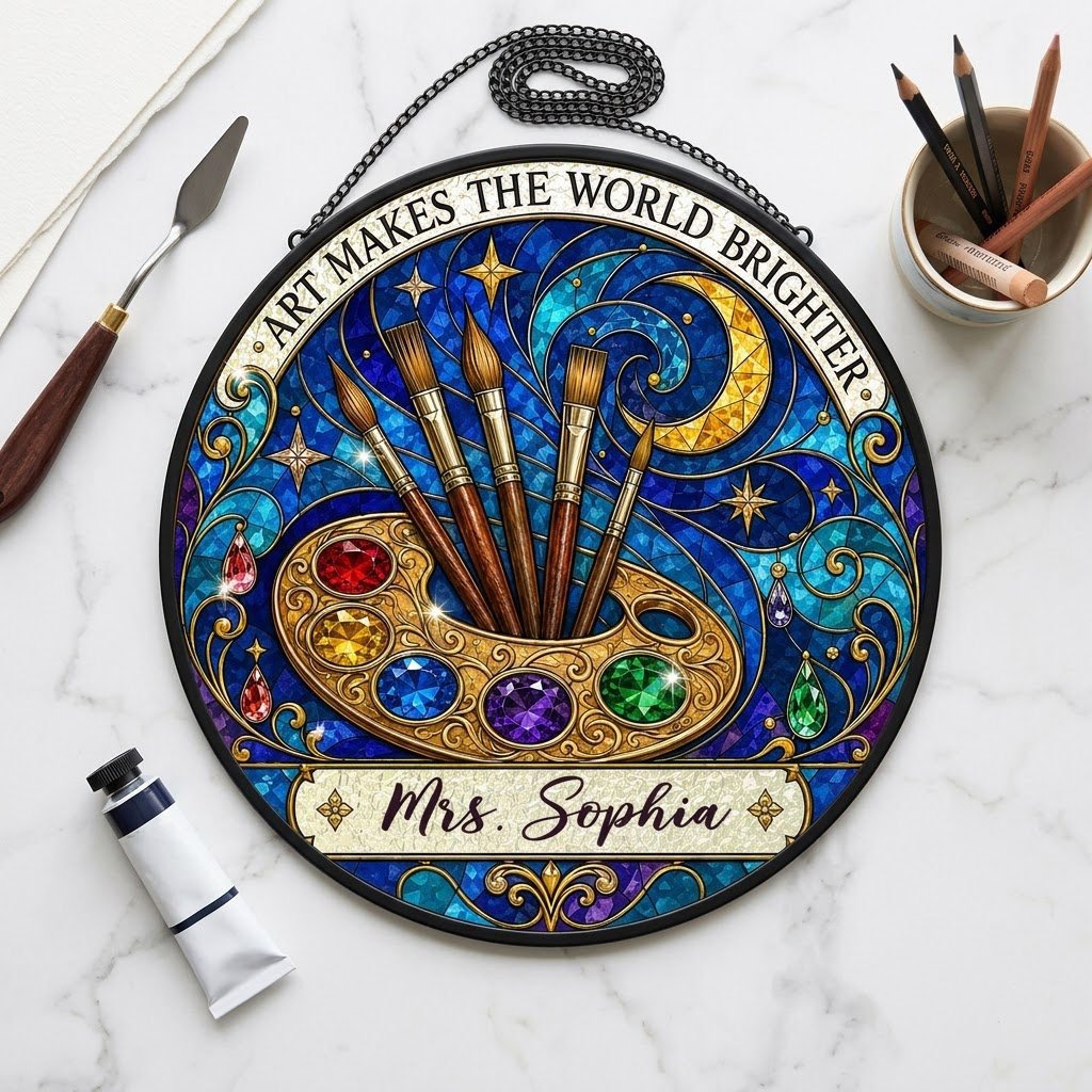 Round stained-glass suncatcher with golden palette, five brushes, moon, and 'Art Makes the World Brighter'.