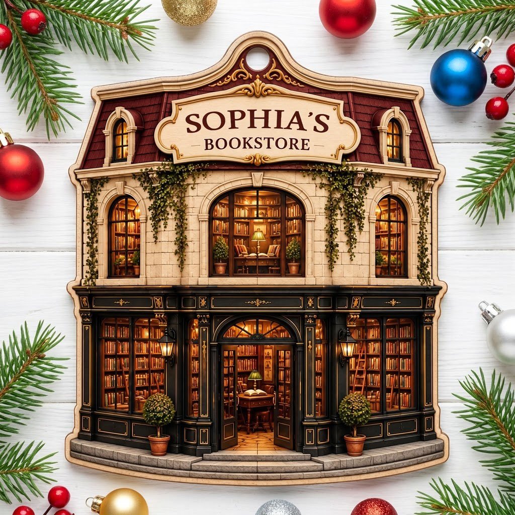 Custom-cut ornament shaped like a vintage bookstore with green and gold storefront and 'BOOKSTORE' text personalized abo