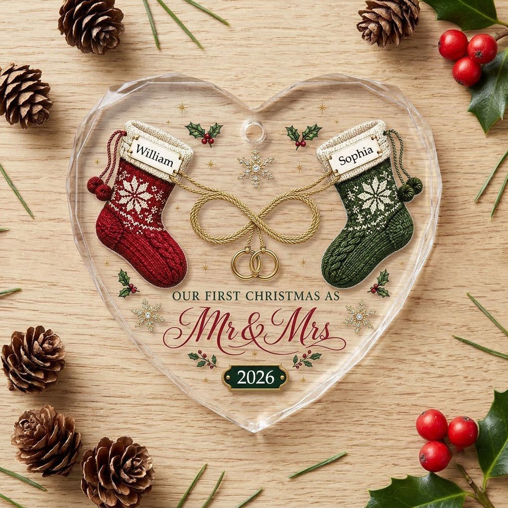 Heart glass ornament with red and green knit stockings, gold infinity loop with rings, Mr & Mrs text, names and date.