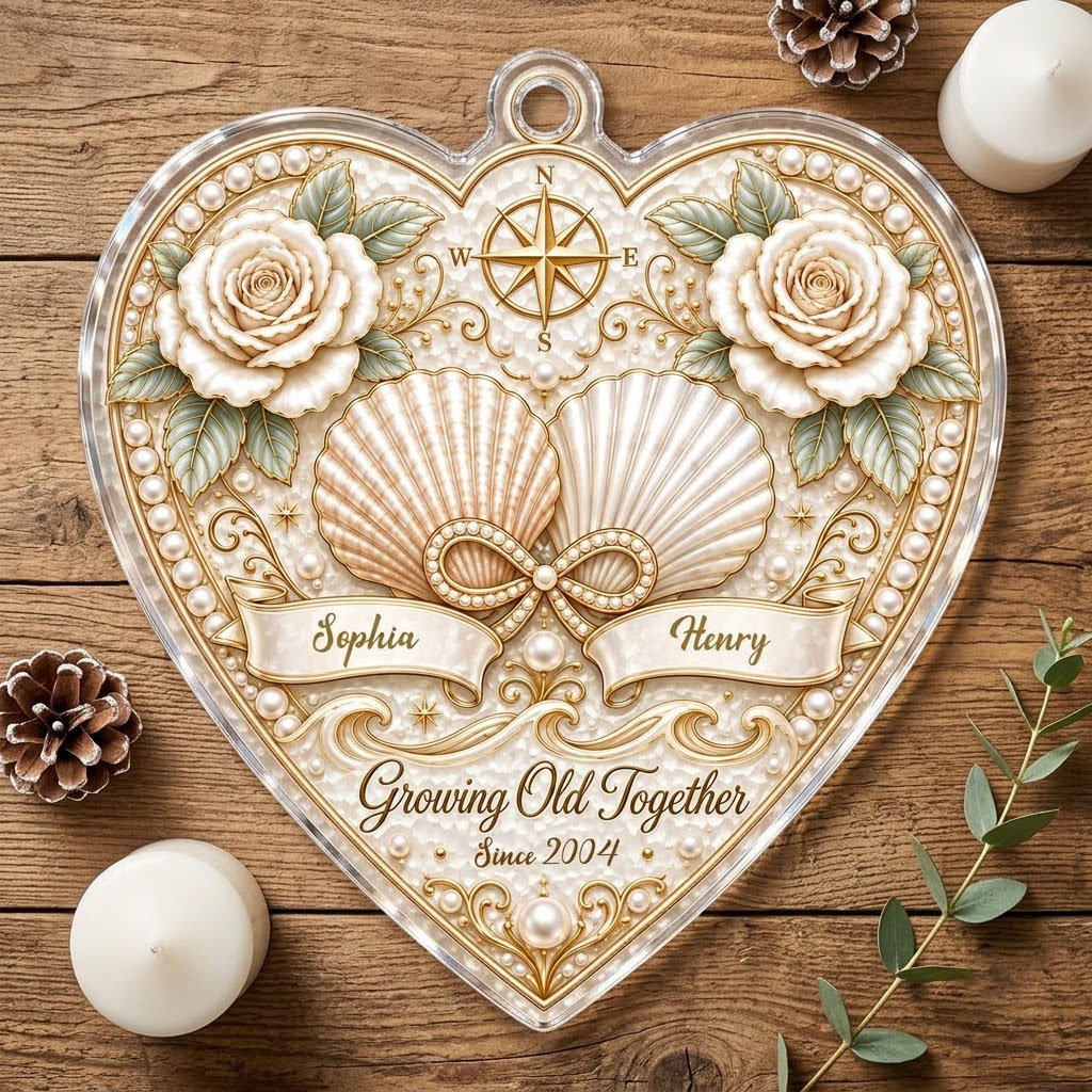Heart-shaped clear acrylic ornament with seashells, pearl infinity symbol, compass star, and two name ribbons.
