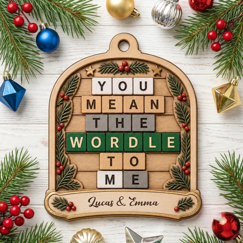 Arch wood ornament with “You Mean The Wordle To Me” letter tiles, evergreen sprigs with red berries, gold stars, and cou