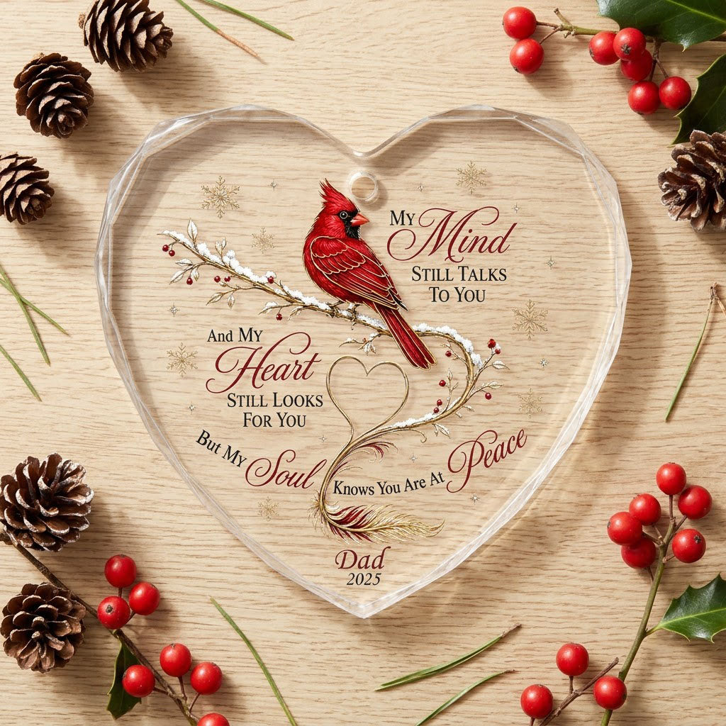 Personalized Cardinal Memorial My Mind Still Talks To You Heart Glass Ornament