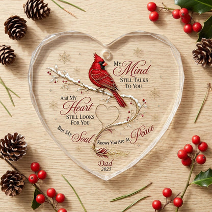 Personalized Cardinal Memorial My Mind Still Talks To You Heart Glass Ornament