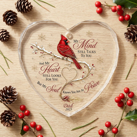 Personalized Cardinal Memorial My Mind Still Talks To You Heart Glass Ornament