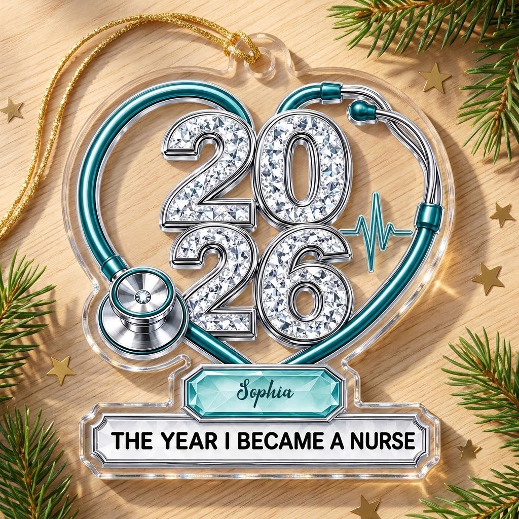 Clear acrylic ornament with a teal stethoscope heart, diamond 2026 numerals, teal ECG wave, and a personalized name bann