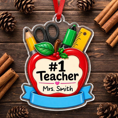 Personalized #1 Teacher Red Apple Acrylic Ornament, Custom School Appreciation Keepsake