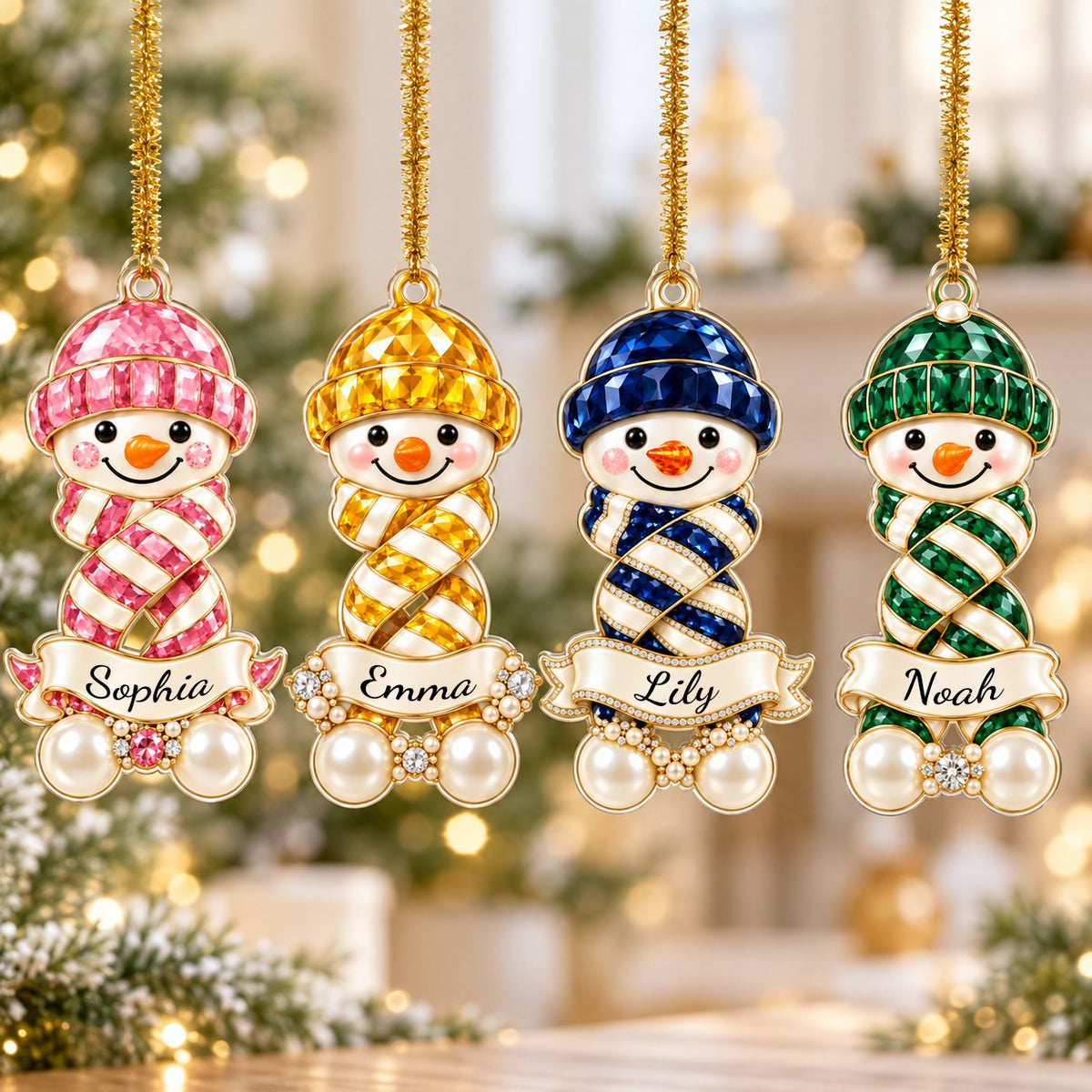 Custom-cut acrylic snowman ornament with jeweled hat and scarf, name banner, and faux pearl base.