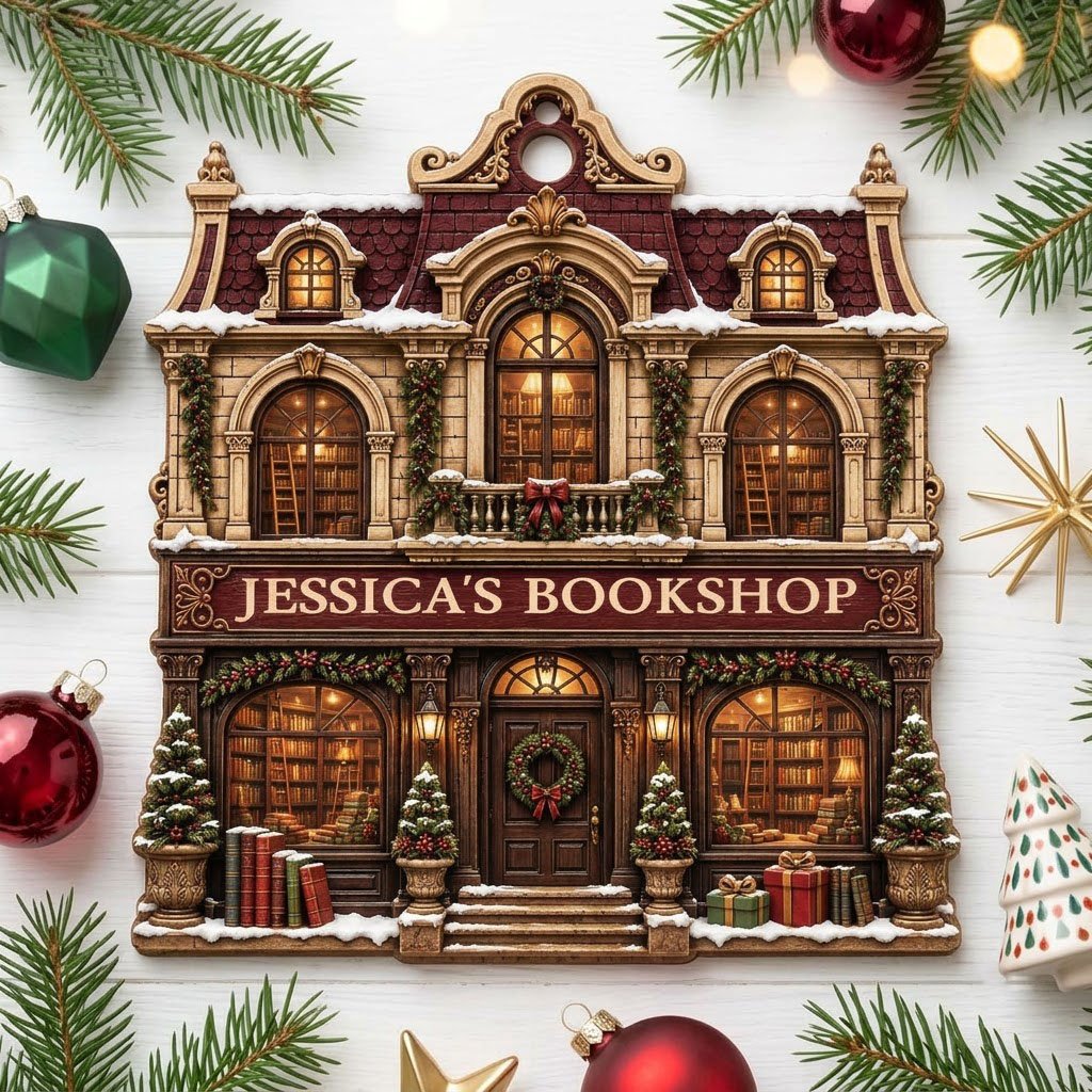 Victorian bookshop facade ornament with garlands, wreath, potted trees and 'BOOKSHOP' sign, personalized with a name.