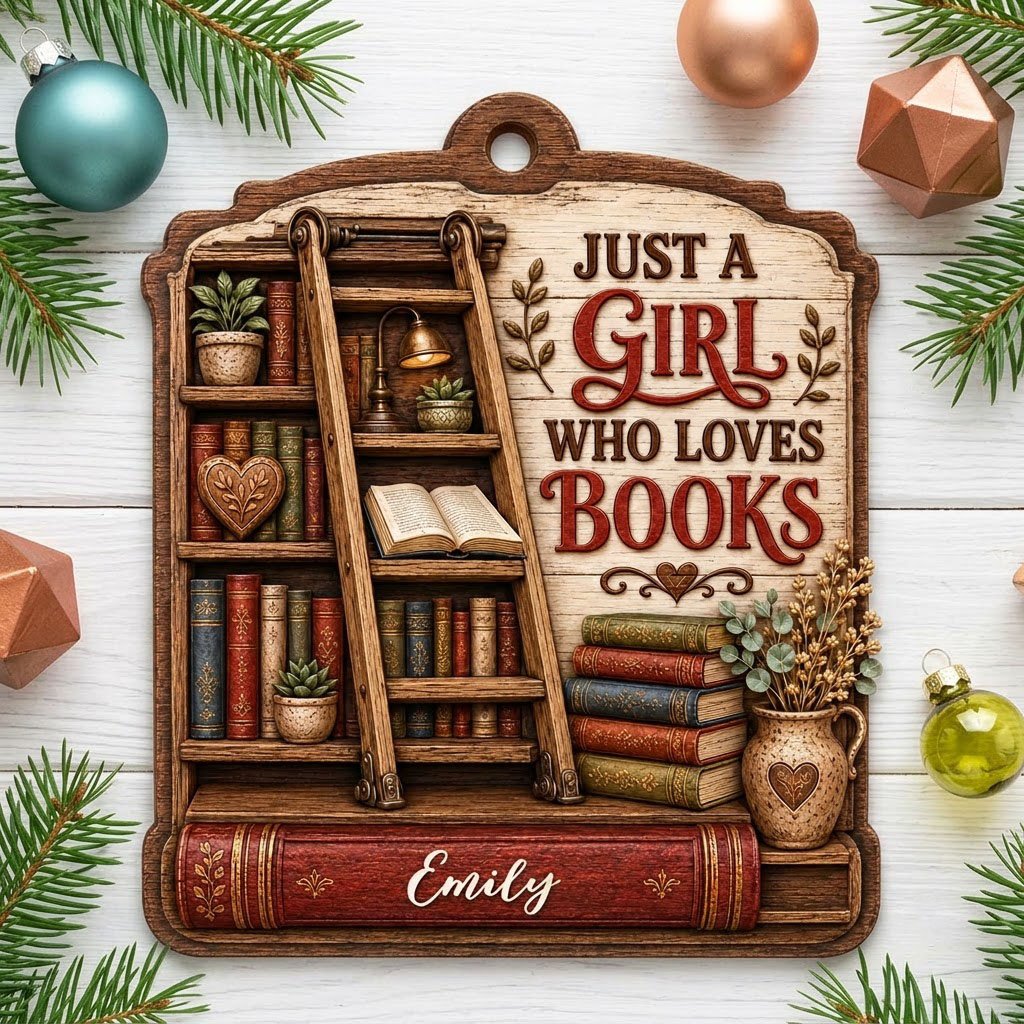 Arched wood ornament with bookshelf, ladder, and 'Just a Girl Who Loves Books' with a name on a red book spine.