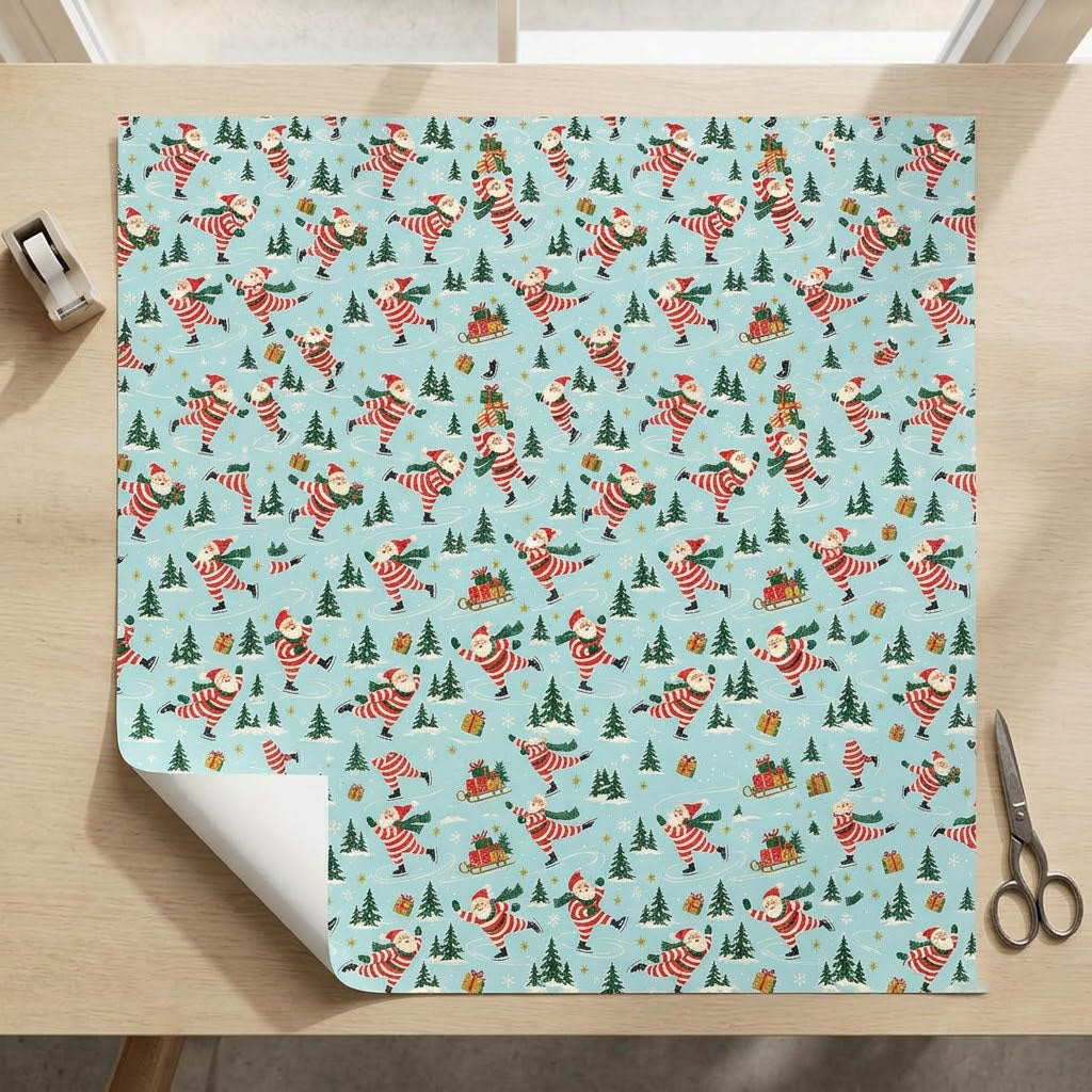 Blue wrapping paper with a pattern of ice-skating Santas, pine trees, sleds of gifts, presents and golden stars.