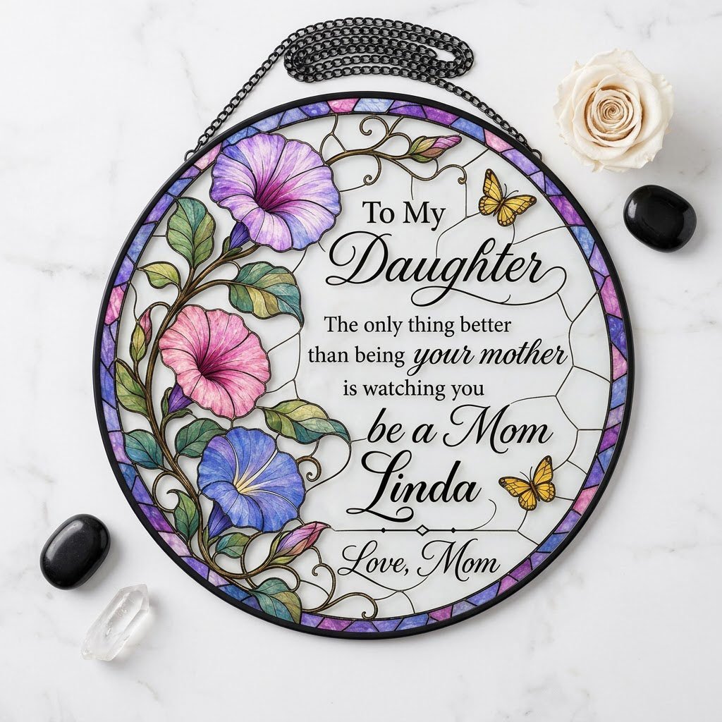 Stained glass–style round suncatcher with three morning glories, two yellow butterflies, and a purple-blue mosaic border