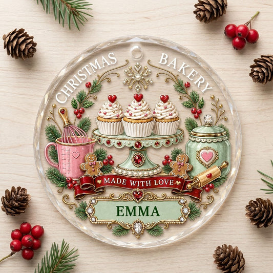 Round glass ornament with cupcakes, whisk, rolling pin, gingerbread cookies, red banner and gold snowflake.
