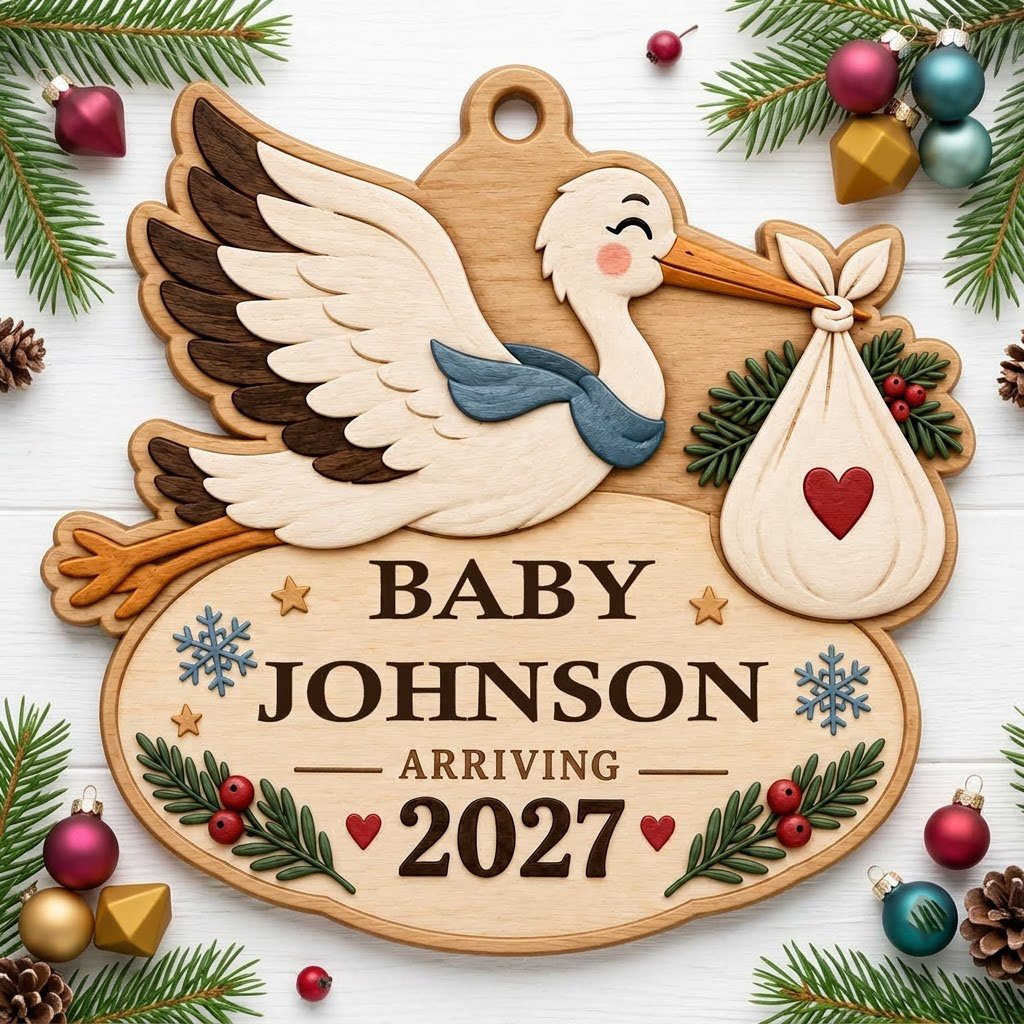 Custom-cut wood ornament of a flying stork with baby bundle above oval plaque reading BABY JOHNSON ARRIVING 2027.