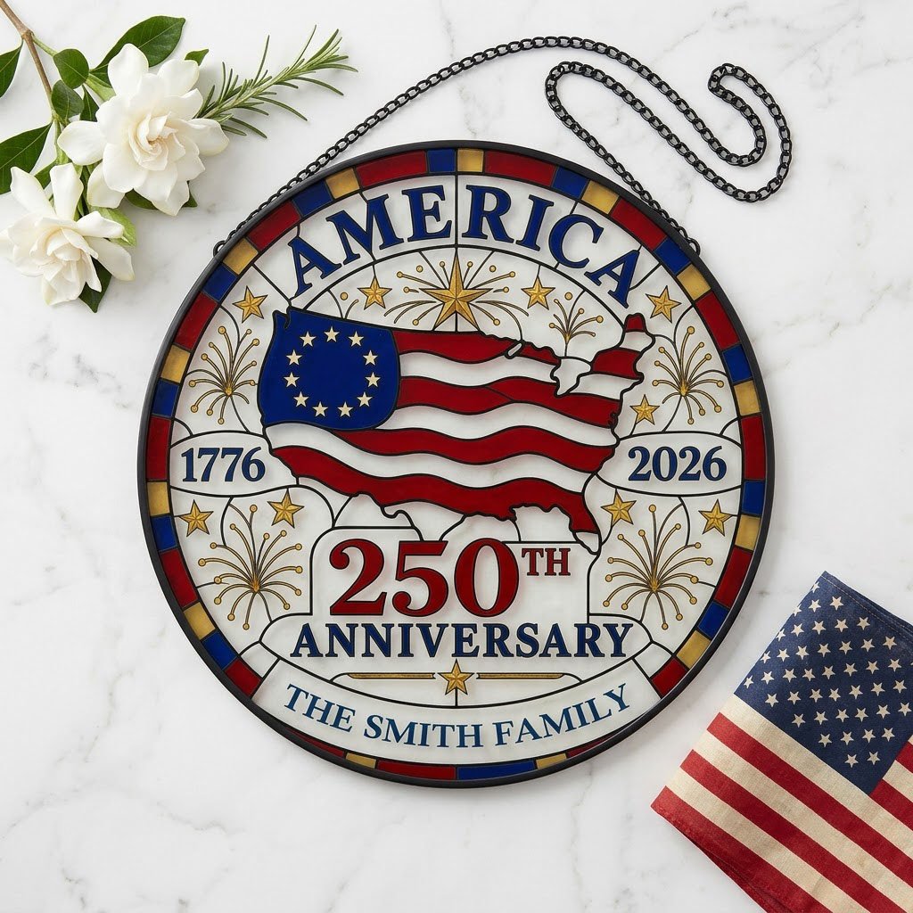 Round stained-glass look suncatcher with US map flag, 1776–2026, 250TH ANNIVERSARY, and a personalized family name banne