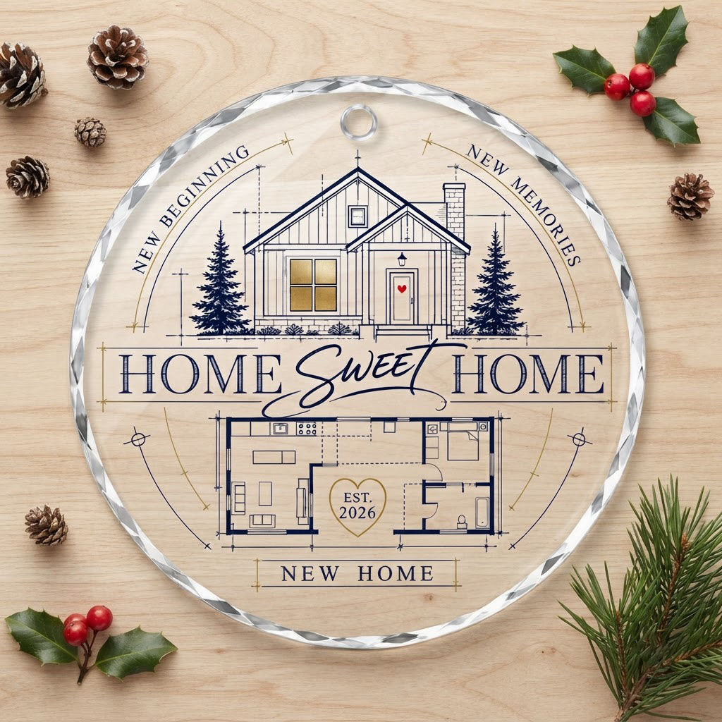 Personalized Home Sweet Home Blueprint Floor Plan Round Glass Ornament