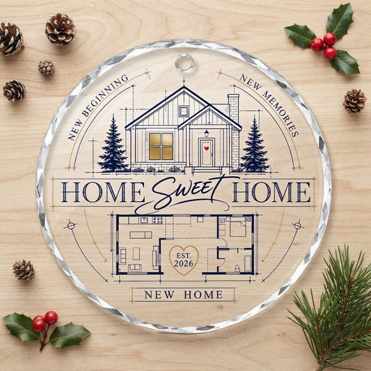 Personalized Home Sweet Home Blueprint Floor Plan Round Glass Ornament