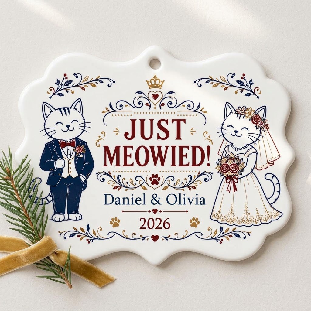 Medallion ceramic ornament with cat bride and groom, gold crown, floral scrolls, red hearts and paw prints on white.