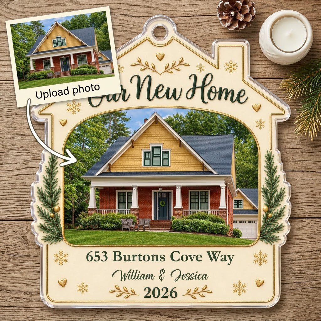 House-shaped acrylic ornament with “Our New Home”, a house photo frame, pine boughs, gold hearts and snowflakes.