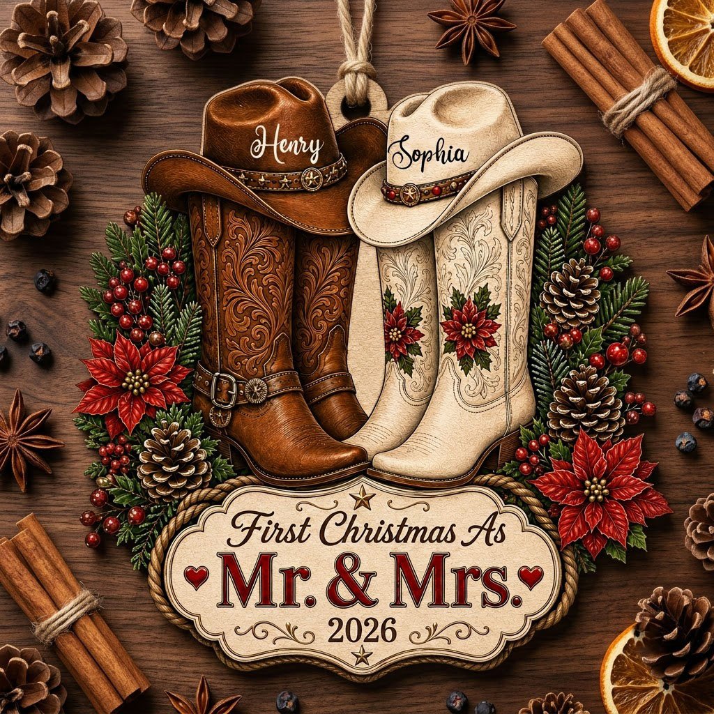 Personalized Western Cowboy Boots First Christmas as Mr & Mrs Wooden Ornament