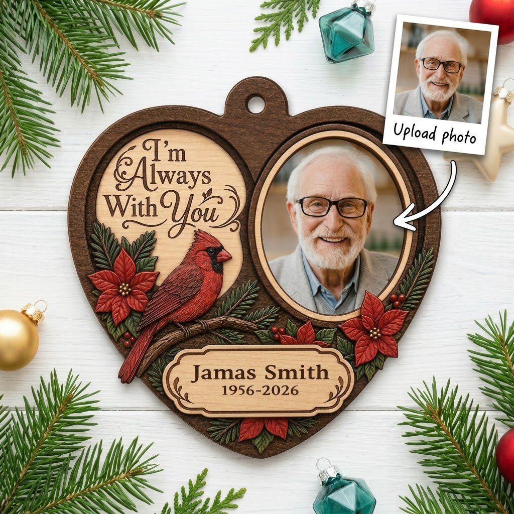 Heart-shaped wood ornament with red cardinal, poinsettias, a right-side photo frame, and 'I'm Always With You' text.
