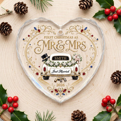 Personalized First Christmas as Mr & Mrs Vintage Getaway Car Heart Glass Ornament