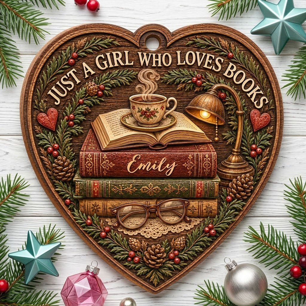 Heart-shaped wood ornament with books, open book and teacup, lamp, glasses, pine foliage, pinecones and hearts.