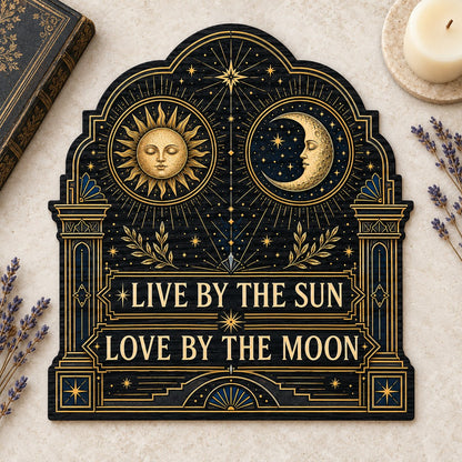 Arched wooden sign with sun and moon faces, constellations, and 'Live By The Sun, Love By The Moon'.