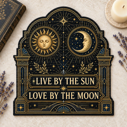 Arched wooden sign with sun and moon faces, constellations, and 'Live By The Sun, Love By The Moon'.