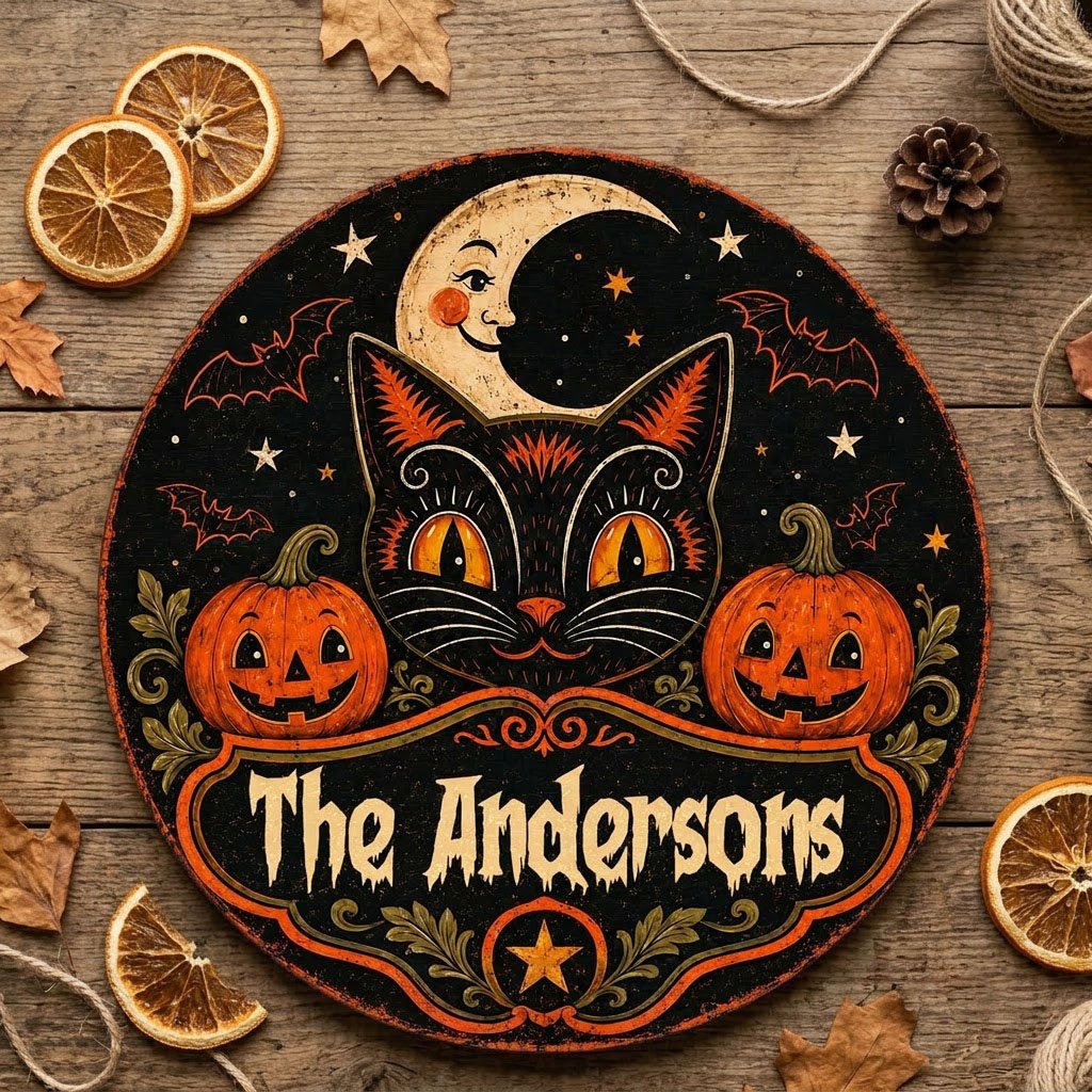 Round wooden sign with vintage black cat face, crescent moon, pumpkins, bats, stars and custom family name.