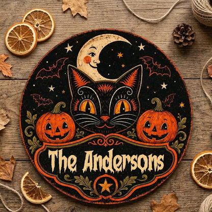 Round wooden sign with vintage black cat face, crescent moon, pumpkins, bats, stars and custom family name.