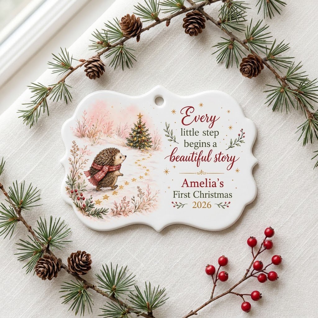 Scalloped ceramic ornament with hedgehog in red plaid scarf walking toward a decorated Christmas tree in the snow.
