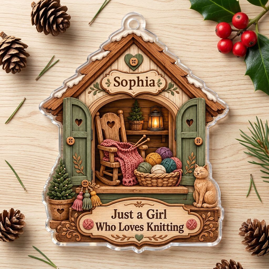 House-shaped acrylic ornament with cozy knitting shed scene and 'Just a Girl Who Loves Knitting' text.