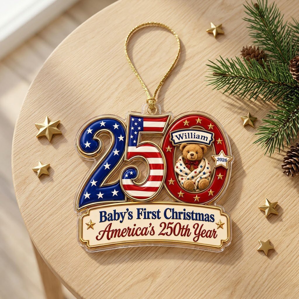 Acrylic ornament shaped like 250 with a teddy bear in the 0 and a gold-trimmed banner for the baby's name and year.