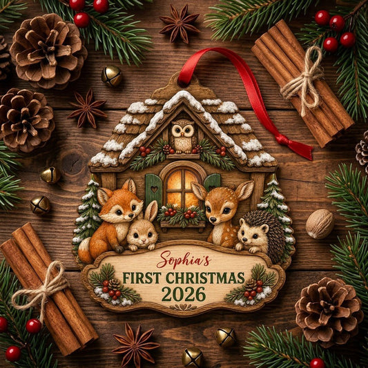 Personalized Woodland Cabin Baby's First Christmas Wood Ornament, Custom Keepsake