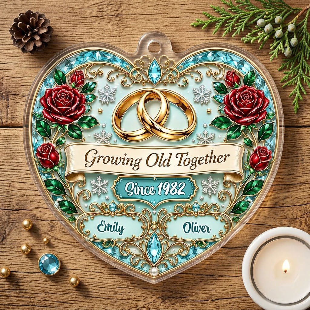 Heart-shaped clear acrylic ornament with golden rings, red roses, “Growing Old Together,” and custom names with a since 