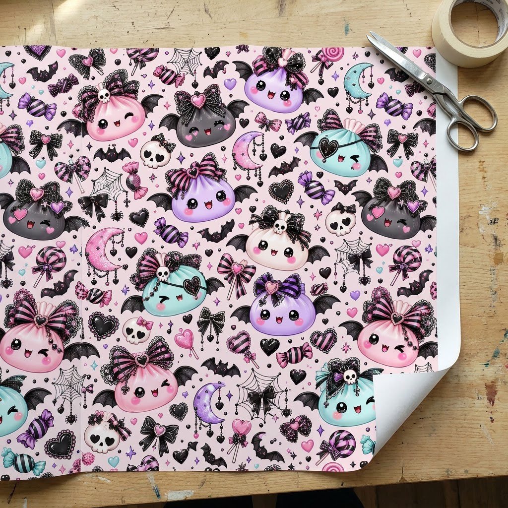 Pastel goth Halloween wrapping paper with cute bat-winged characters, skulls, moons, bows and candies.