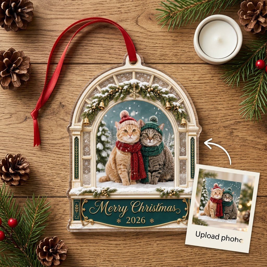 Arched window acrylic ornament with pine garland, gold bells, two cats in winter hats and scarves, and a green banner fo