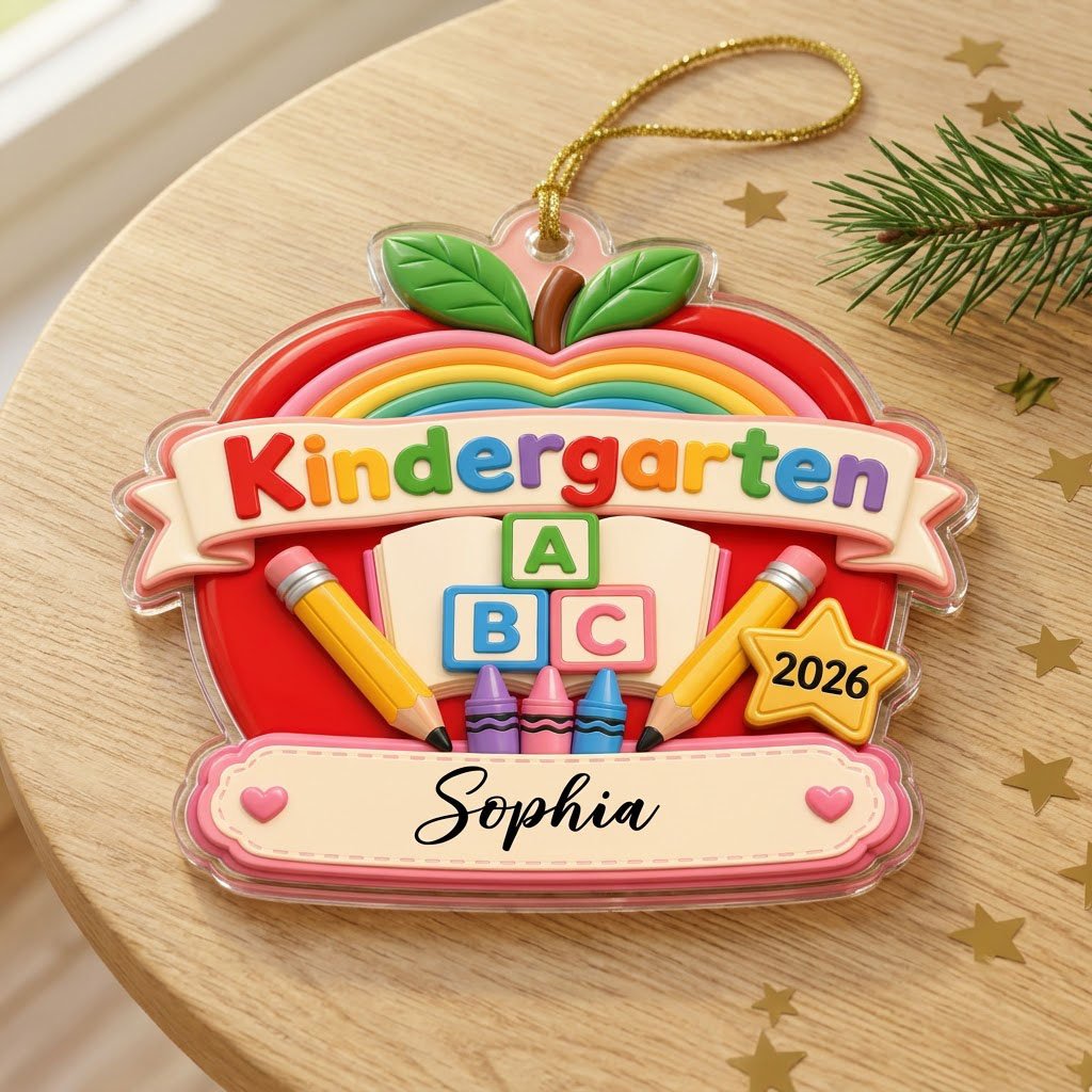 Red apple acrylic ornament with 'Kindergarten 2026', rainbow, ABC blocks, crayons, pencils, star badge, and a name banne