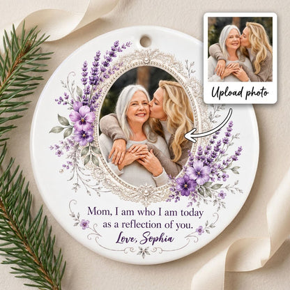 Round ceramic ornament with oval lace frame, pearls, purple pansies and lavender surrounding a photo and mom quote.