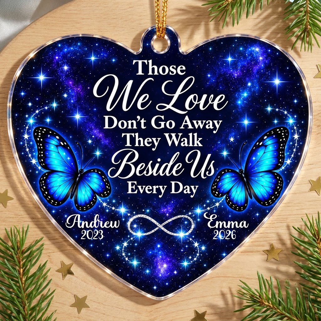 Heart acrylic ornament with blue butterflies, starry galaxy background, and the memorial quote with name and year.
