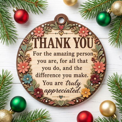 Round wood ornament with carved-look floral border and THANK YOU appreciation message in the center.