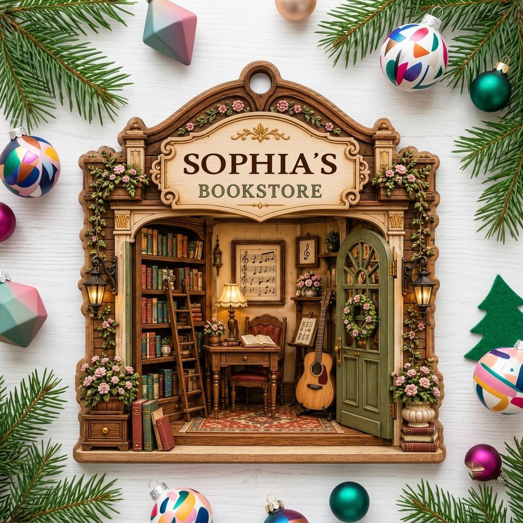 Arched storefront wood ornament with a cozy bookstore diorama and "BOOKSTORE" text, personalized with a name.