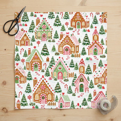 Watercolor gingerbread houses, candy canes, lollipops, pine trees and hearts on snowy white wrapping paper.