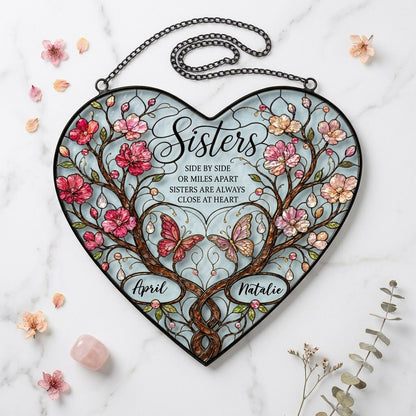 Personalized Sisters Side by Side Heart Stained Glass Suncatcher with Blossoms & Butterflies